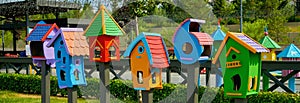 Colorful decorative birdhouses for birds on the street in the Park. Art object birdhouses
