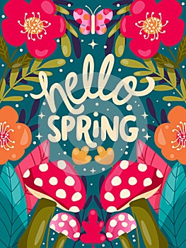 Colorful decorative hand lettered design with mushrooms, flowers and flower decoration. Hello spring vibrant vector illustration