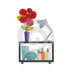 colorful decorative shelf with vase and lamp