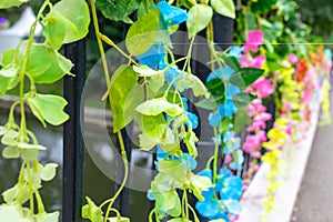 Colorful delicate beautiful fake artifical flowers decoration on a holiday street open air festival