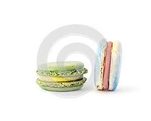 Colorful and delicious French macaroon or macaron isolated on white