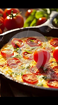 Colorful delicious Frittata. Very contrasty light is bringing the depth and vibrancy of this tasteful dish.