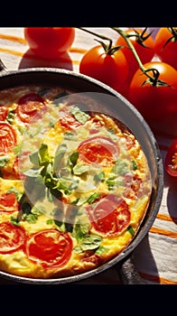 Colorful delicious Frittata. Very contrasty light is bringing the depth and vibrancy of this tasteful dish.