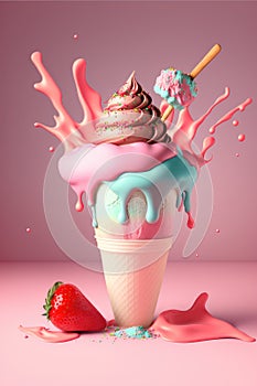 Colorful delicious ice cream melting and dripping on a colored background. Explosion of flavor. Generative AI