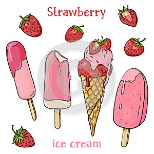 Colorful delicious strawberry ice cream and strawberries. Ice cream melts in the summer heat.