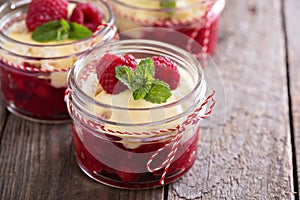 Colorful and delisious dessert in a jar berry cramble