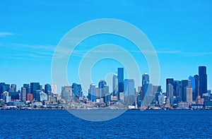 Colorful densely packed with buildings Seattle, Washington, also known as The Emerald City, skyline on a rare sunny morning