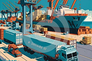 colorful depiction of a busy shipping yard with towering cranes and a fleet of trucks and containers in motion