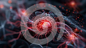 Colorful depiction of a cellular structure in scientific research, showcasing complexity and detail of microvascular networks photo