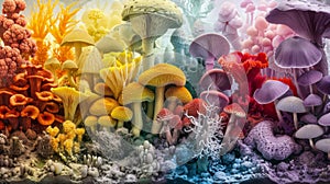 A colorful depiction of various types of fungi and their corresponding mycelium networks showcasing the diversity and