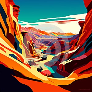 Colorful desert landscape with sandstone cliffs and blue sky. Vector illustration AI generated