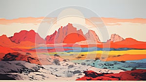 Colorful Desert Mountain Range Drawing In The Style Of Tristan Eaton