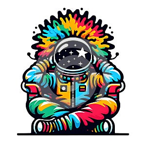 A colorful design of astronaut in vibes, with chill pose, banksy art, t-shirt prints, white background