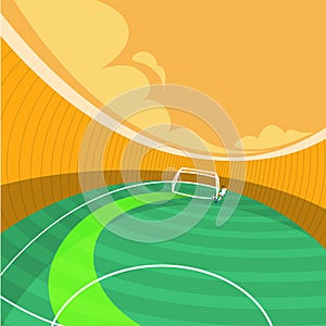 Colorful design with in cartoon style soccer stadium with athlete standing near goal and kicking ball. Drawn elements.