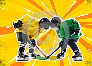 Colorful design. Contemporary art collage of little children, hockey players in uniform isolated over yellow background