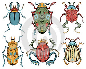 Colorful design vector set with mystic decorated bugs isolated on white