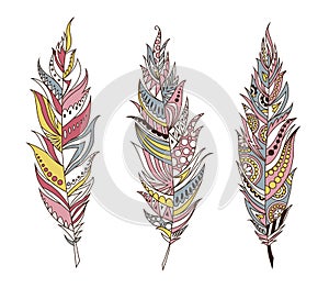 Colorful detailed bird feathers set, painted watercolor design. Hand drawn editable elements, realistic style, vector