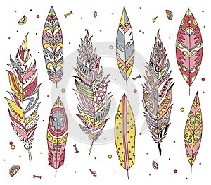 Colorful detailed bird feathers set, painted watercolor design. Hand drawn editable elements, realistic style, vector