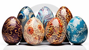 Colorful and Detailed Hand-Decorated Easter Eggs Isolated on White Background, close up