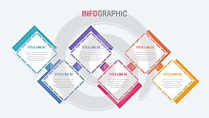 Colorful diagram, infographic template. Timeline with 6 options. Square workflow process for business. Vector design.