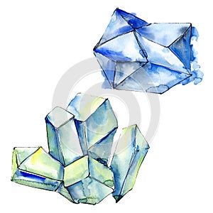 Colorful diamond rock jewelry minerals. Watercolor background set. Isolated crystals illustration element.