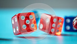 Colorful dices on the blue table. Concept of a casino and a lucky chance to win