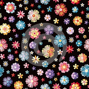 Colorful different embroidered flowers on black background. Vector seamless pattern. Floral embroidery