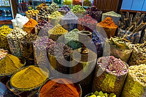 Colorful different spices in the spice market souk in old Dubai