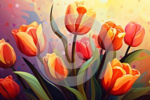 Colorful digital art of a blooming tulip bouquet with a warm, abstract background