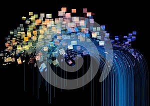 Colorful Digital Art Display of Dynamic Data Light Trails Exploding in Dark Space