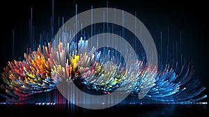 Colorful Digital Art Display of Dynamic Data Light Trails Exploding in Dark Space