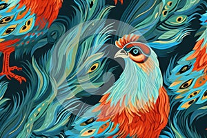 Colorful digital artwork of a rooster with peacock feather patterns