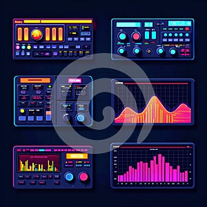 Colorful digital audio control panel set with waveform displays