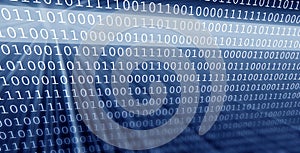 Colorful digital binary data digits and streaming binary code background with light beams