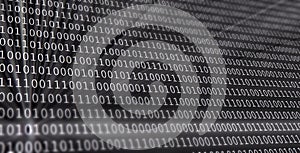 Colorful digital binary data digits and streaming binary code background with light beams