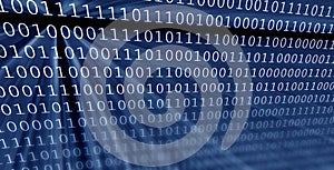 Colorful digital binary data digits and streaming binary code background with light beams