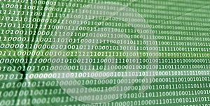 Colorful digital binary data digits and streaming binary code background with light beams