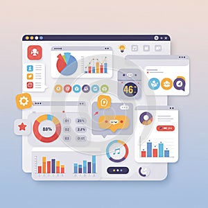 Colorful digital dashboard with various data visualization elements, including pie