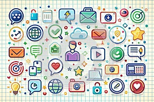 Colorful digital icons on grid background communication, teamwork, and strategy