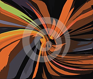 Colorful digital illustration in autumnal shades of orange, light green, grey, and warm brown on black background