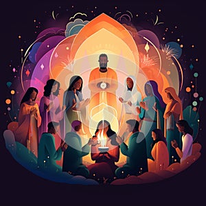 Colorful digital illustration of a diverse group in a place of worship