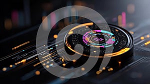 Colorful Digital Interface with Data Visualization and Futuristic Elements in Dark Background