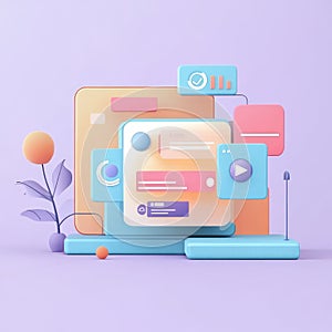 Colorful digital interface with screens and interactive elements on a pastel background. 3D Style