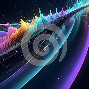 A colorful digital landscape resembling a stylized data or energy flow.