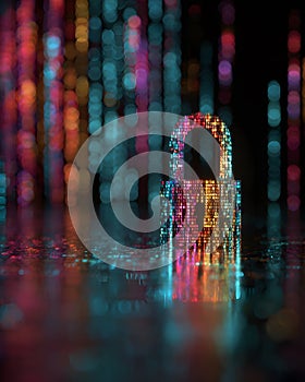 Colorful Digital Padlock with Binary Code and Bokeh Lights