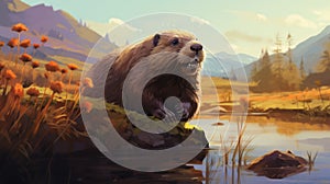 Colorful Digital Painting Of A Beaver In The Wilderness photo