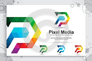 Colorful digital pixel letter P vector logo with modern concept , illustration of letter P with pixel concept use for digital