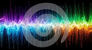 Colorful digital sound wave spectrum with binary code flowing through lines