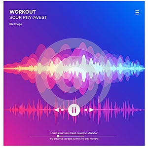 Colorful digital sound wave visualization on a purple gradient background. The top