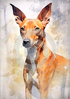 A colorful, digital watercolour painting, showing the portrait of a Cirneco dell Etna dog photo